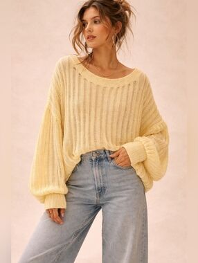 POL Mottled Butter Yellow Open-Knit Distressed Pullover, S, Boho, Coastal, Beach